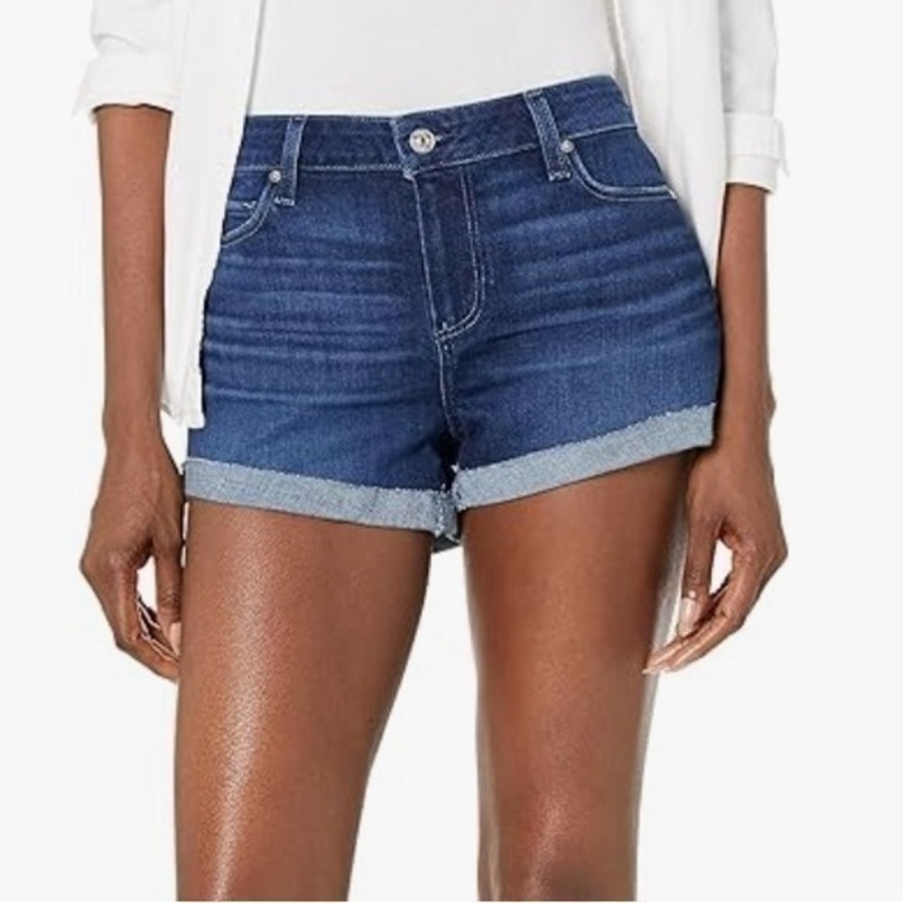Paige Distressed Mid Rise Cuffed Denim Shorts 25